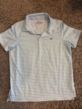 Vineyard Vines Boy’s White Polo with Light Blue Wave Stripes